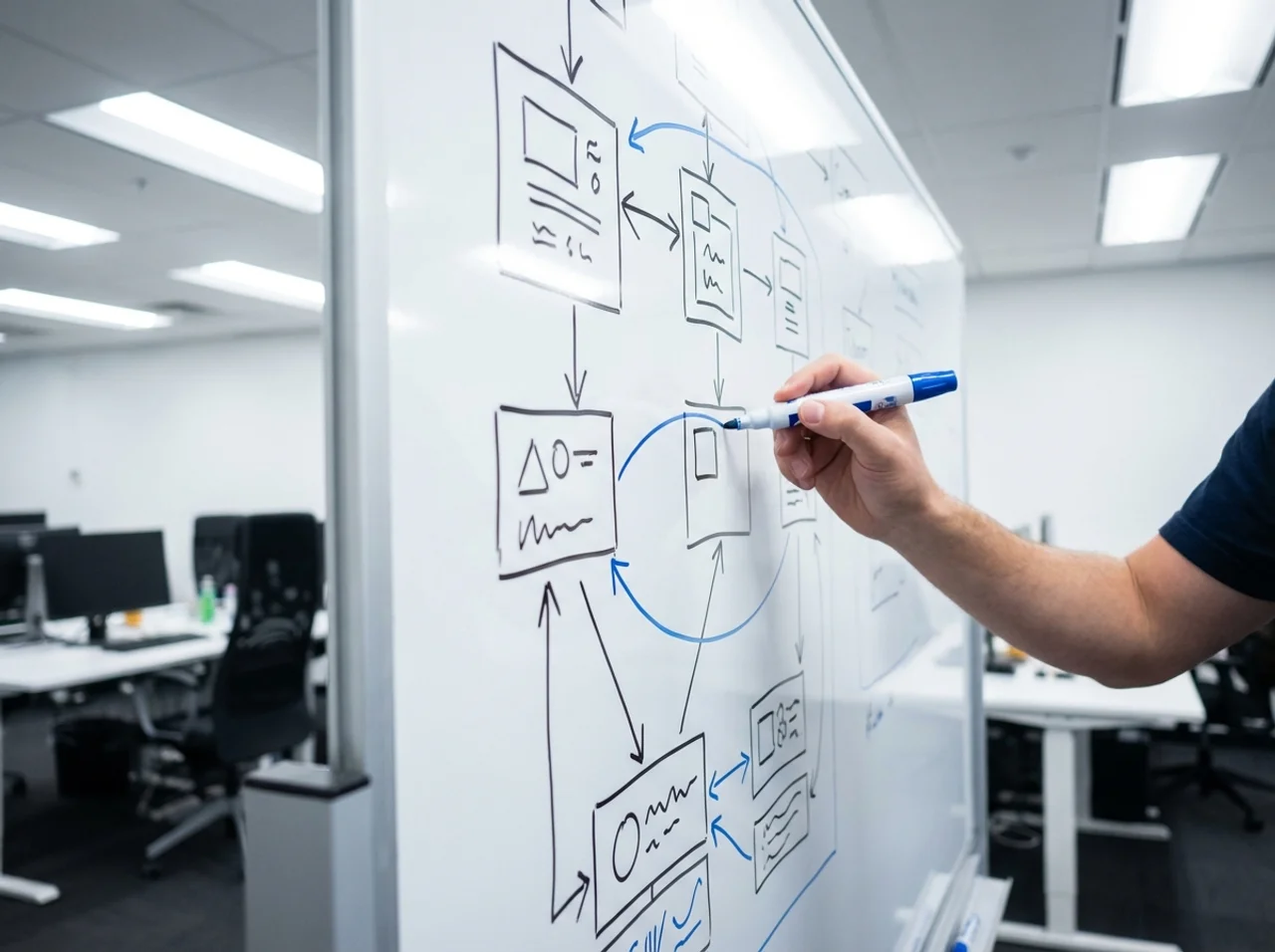 Pizarra con diagramas de flujo y metodologia